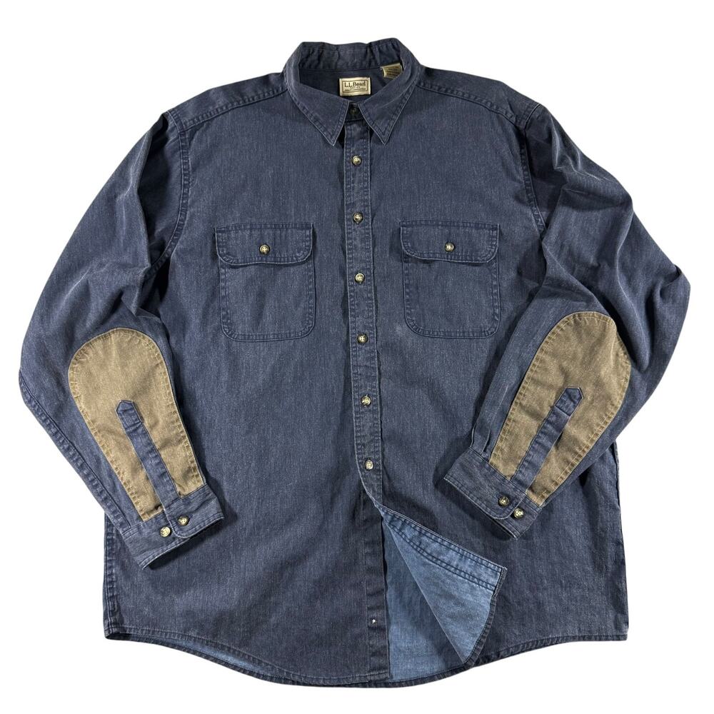 Vintage LL Bean Men XL Blue Twill Work Shirt Made Canada Elbow Patch Heavyweight